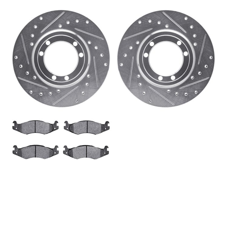 7502-44001 Drilled/Slotted Brake Rotors w/5000 Advanced Brake Pads Kit [Silver], 1992-2004 Mopar, Position: Front, Rear