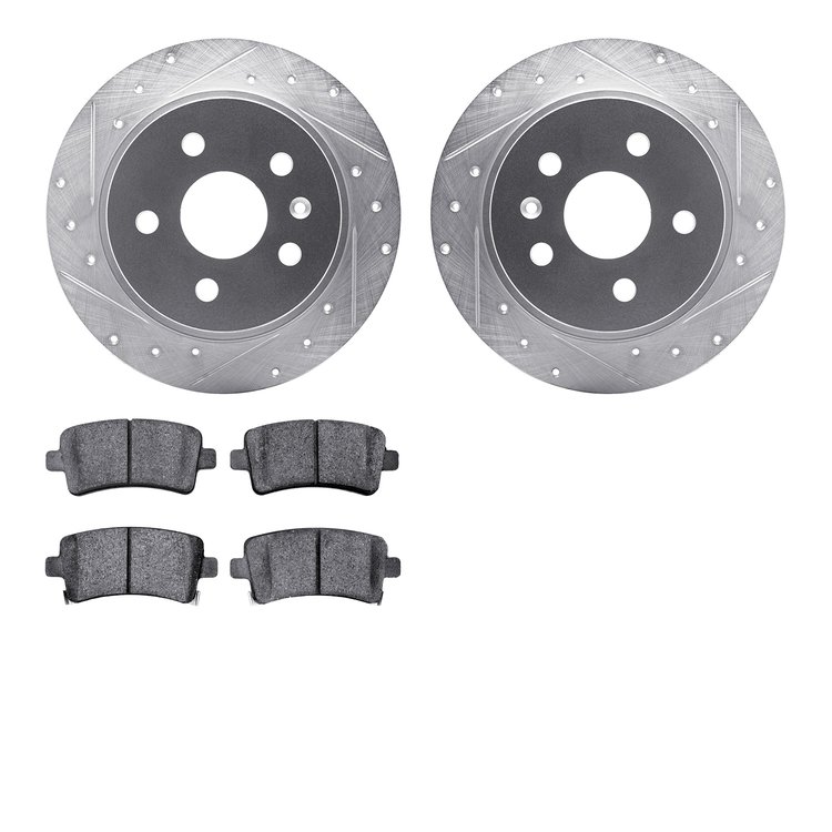 7502-45008 Drilled/Slotted Brake Rotors w/5000 Advanced Brake Pads Kit [Silver], 2011-2016 GM, Position: Rear