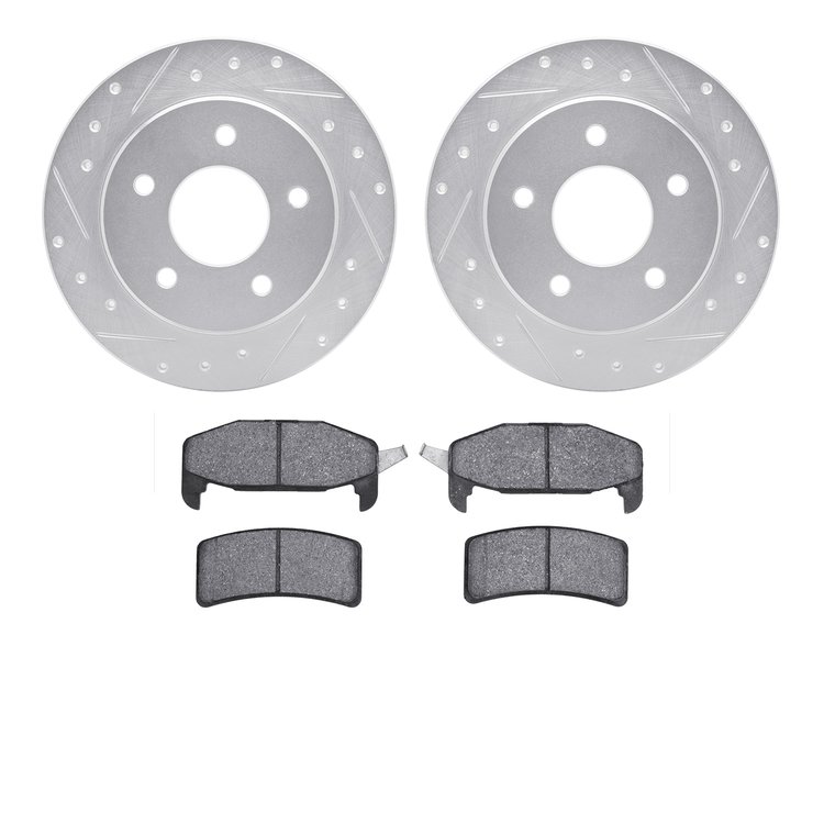 7502-45062 Drilled/Slotted Brake Rotors w/5000 Advanced Brake Pads Kit [Silver], 1988-1994 GM, Position: Rear