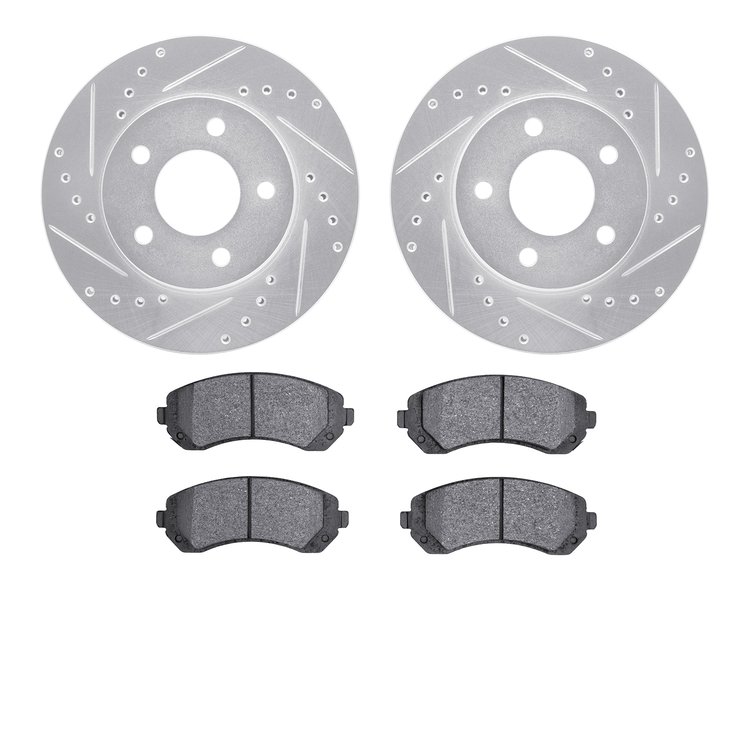 7502-45091 Drilled/Slotted Brake Rotors w/5000 Advanced Brake Pads Kit [Silver], 2001-2007 GM, Position: Front