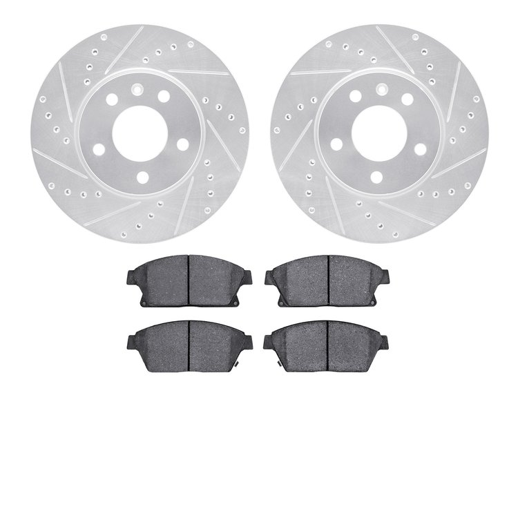 7502-46027 Drilled/Slotted Brake Rotors w/5000 Advanced Brake Pads Kit [Silver], 2013-2019 GM, Position: Front