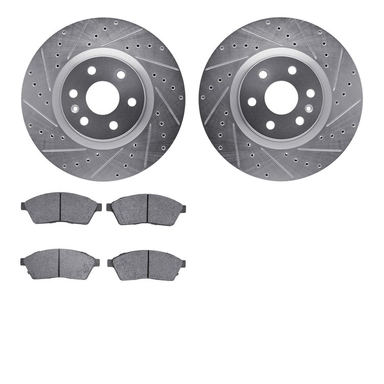 7502-46051 Drilled/Slotted Brake Rotors w/5000 Advanced Brake Pads Kit [Silver], 2010-2016 GM, Position: Front
