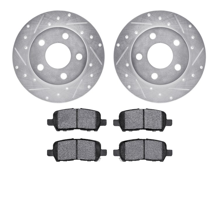 7502-47021 Drilled/Slotted Brake Rotors w/5000 Advanced Brake Pads Kit [Silver], 2004-2016 GM, Position: Rear