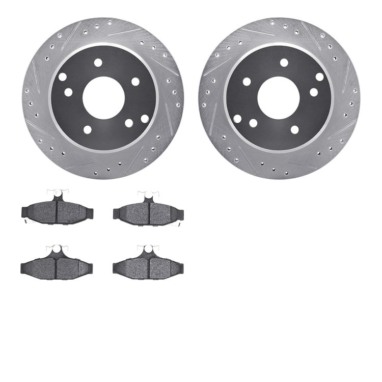 7502-47076 Drilled/Slotted Brake Rotors w/5000 Advanced Brake Pads Kit [Silver], 1984-1987 GM, Position: Rear