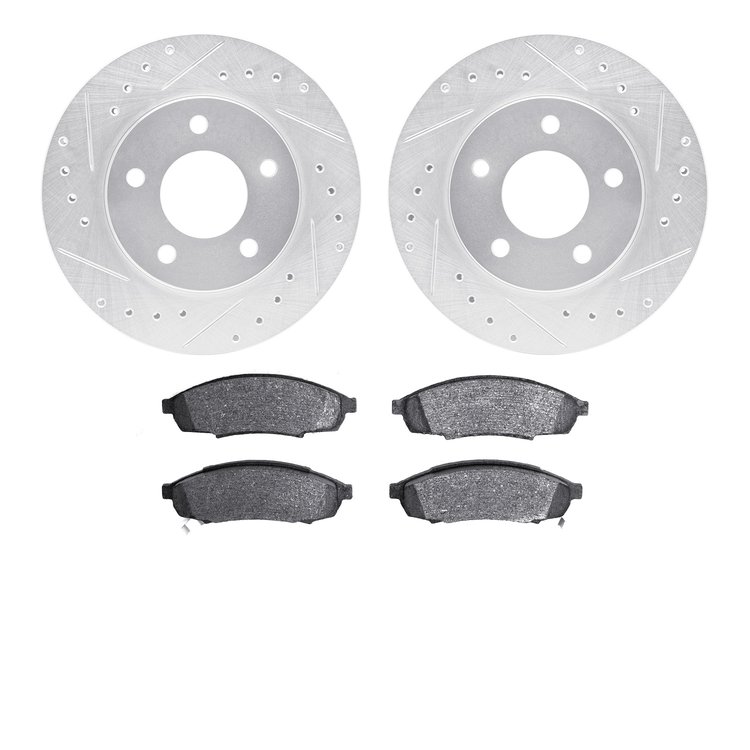 7502-47085 Drilled/Slotted Brake Rotors w/5000 Advanced Brake Pads Kit [Silver], 1988-1996 GM, Position: Front