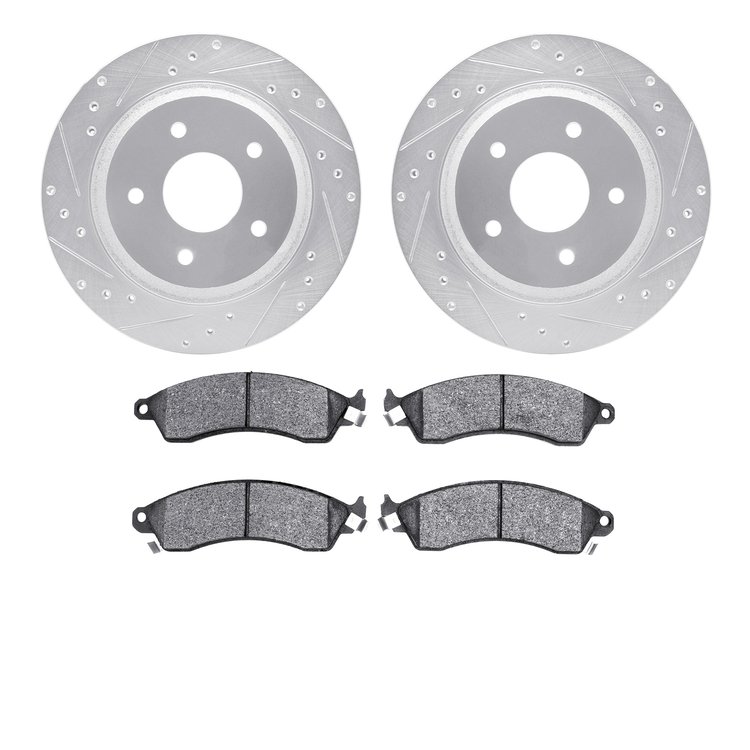 7502-47091 Drilled/Slotted Brake Rotors w/5000 Advanced Brake Pads Kit [Silver], 1988-1994 GM, Position: Front