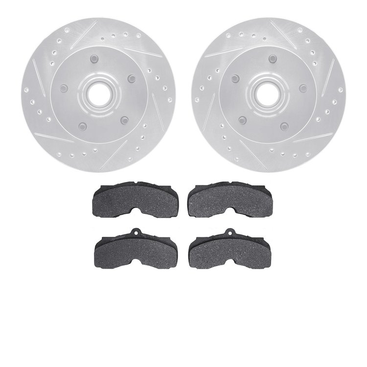 7502-47095 Drilled/Slotted Brake Rotors w/5000 Advanced Brake Pads Kit [Silver], 1967-1968 GM, Position: Front