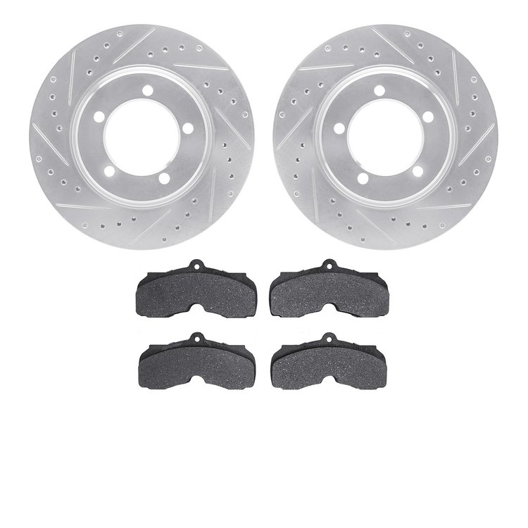 7502-47117 Drilled/Slotted Brake Rotors w/5000 Advanced Brake Pads Kit [Silver], 1967-1970 GM, Position: Front