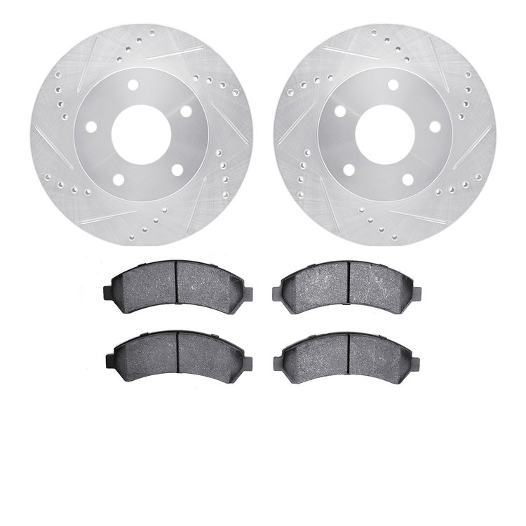 7502-48033 Drilled/Slotted Brake Rotors w/5000 Advanced Brake Pads Kit [Silver], 1997-2005 GM, Position: Front