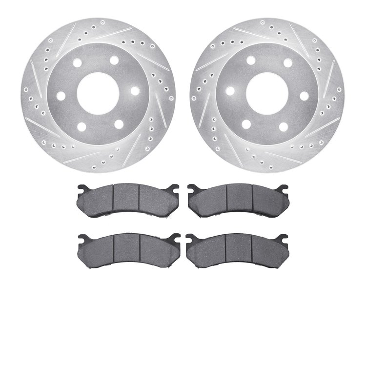 7502-48038 Drilled/Slotted Brake Rotors w/5000 Advanced Brake Pads Kit [Silver], 1999-2008 GM, Position: Front
