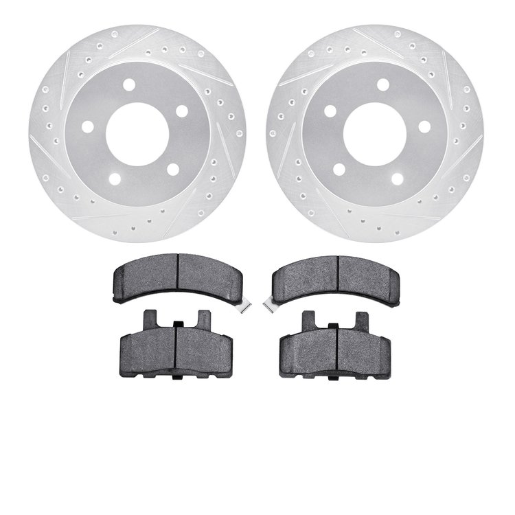 7502-48162 Drilled/Slotted Brake Rotors w/5000 Advanced Brake Pads Kit [Silver], 1990-2002 GM, Position: Front