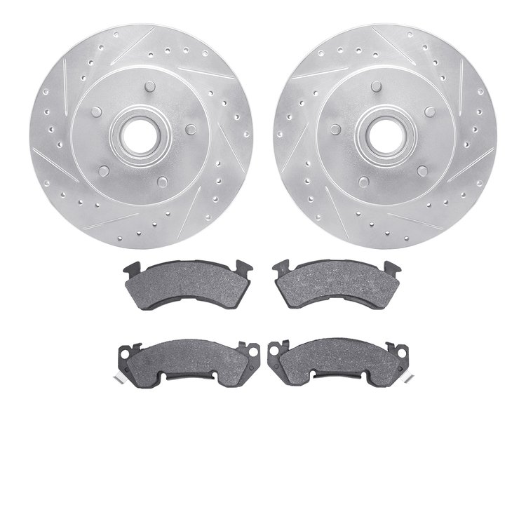 7502-51003 Drilled/Slotted Brake Rotors w/5000 Advanced Brake Pads Kit [Silver], 1994-1996 GM, Position: Front