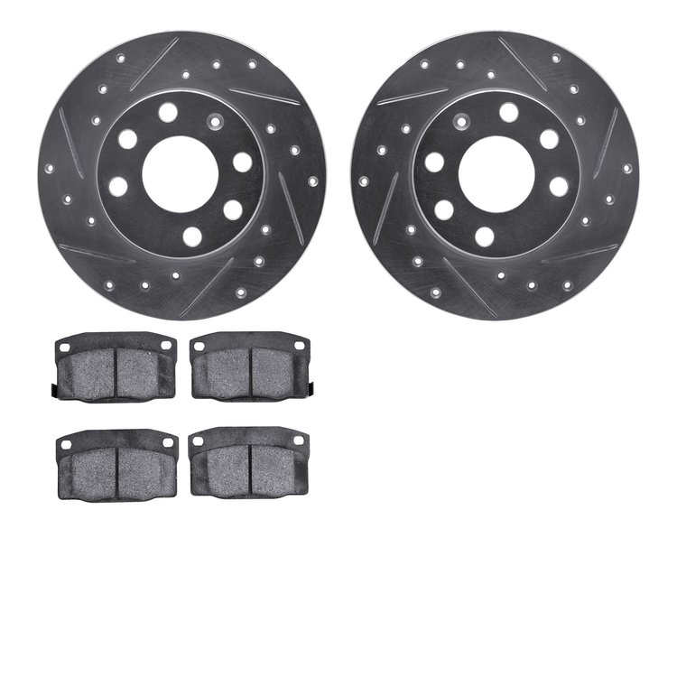 7502-52021 Drilled/Slotted Brake Rotors w/5000 Advanced Brake Pads Kit [Silver], 1988-1989 GM, Position: Front