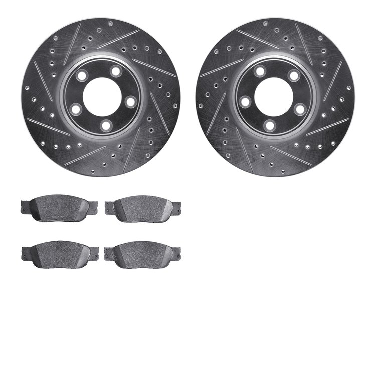 7502-54010 Drilled/Slotted Brake Rotors w/5000 Advanced Brake Pads Kit [Silver], 2000-2002 Jaguar, Position: Front