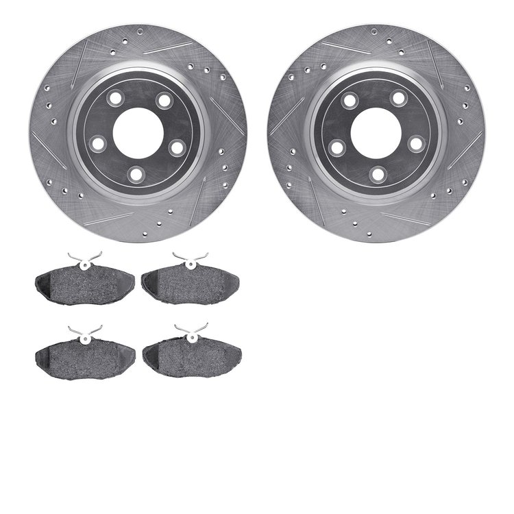 7502-54016 Drilled/Slotted Brake Rotors w/5000 Advanced Brake Pads Kit [Silver], 2000-2005 Jaguar, Position: Rear