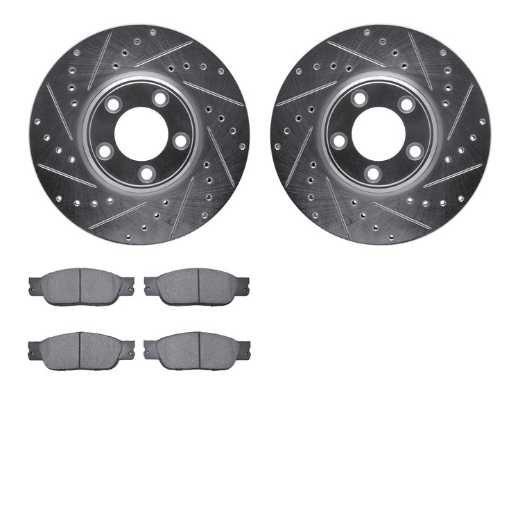 7502-54370 Drilled/Slotted Brake Rotors w/5000 Advanced Brake Pads Kit [Silver], 2003-2005 Jaguar, Position: Front