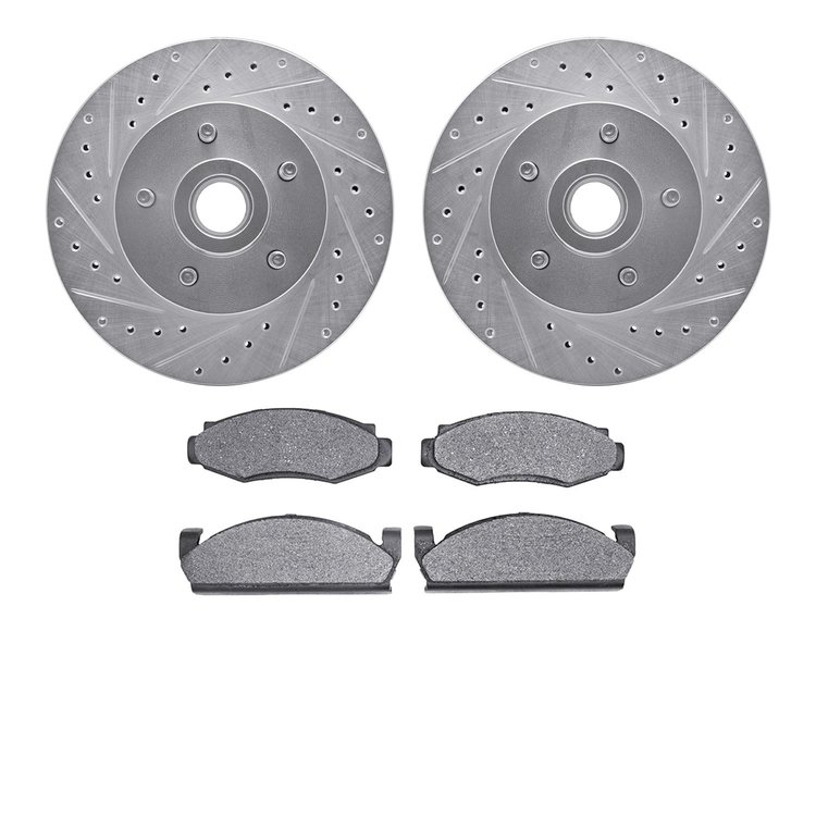 7502-55052 Drilled/Slotted Brake Rotors w/5000 Advanced Brake Pads Kit [Silver], 1974-1980 Ford/Lincoln/Mercury/Mazda, Position: