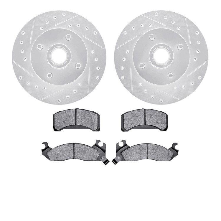 7502-55056 Drilled/Slotted Brake Rotors w/5000 Advanced Brake Pads Kit [Silver], 1982-1993 Ford/Lincoln/Mercury/Mazda, Position: