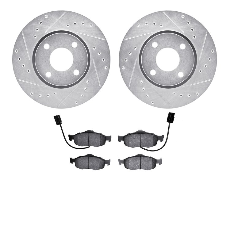 7502-56011 Drilled/Slotted Brake Rotors w/5000 Advanced Brake Pads Kit [Silver], 1998-2002 Ford/Lincoln/Mercury/Mazda, Position: