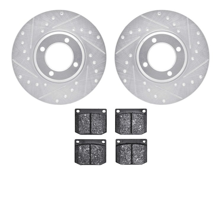 7502-56012 Drilled/Slotted Brake Rotors w/5000 Advanced Brake Pads Kit [Silver], 1966-1970 Ford/Lincoln/Mercury/Mazda, Position: