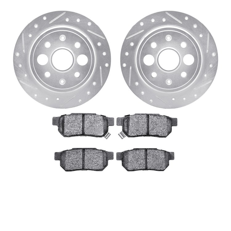 7502-58000 Drilled/Slotted Brake Rotors w/5000 Advanced Brake Pads Kit [Silver], 1986-1989 Acura/Honda, Position: Rear