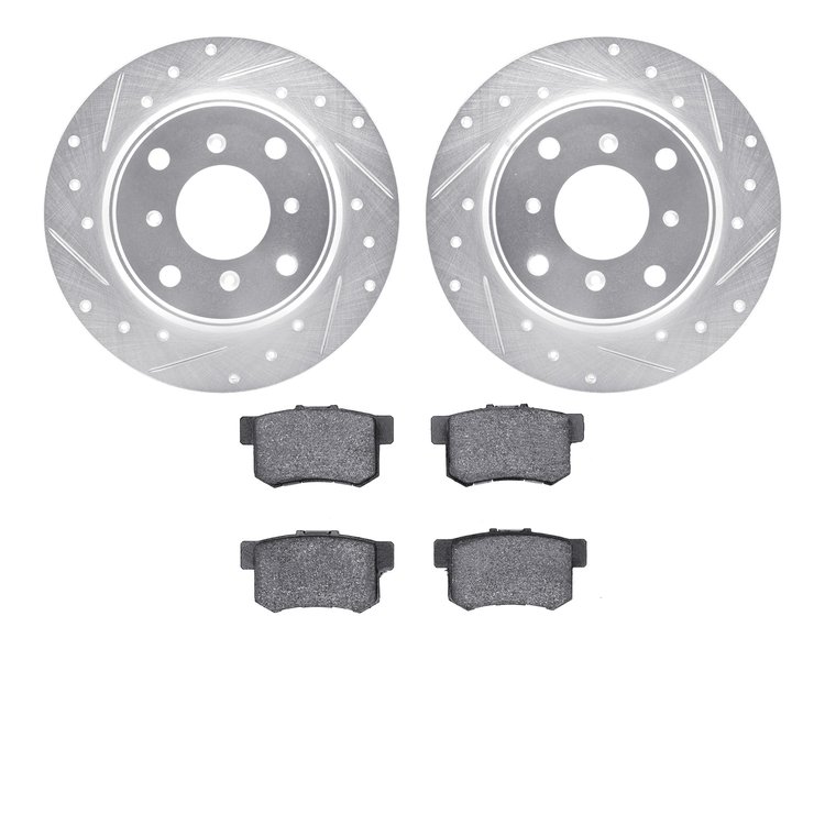 7502-58002 Drilled/Slotted Brake Rotors w/5000 Advanced Brake Pads Kit [Silver], 1987-1990 Acura/Honda, Position: Rear