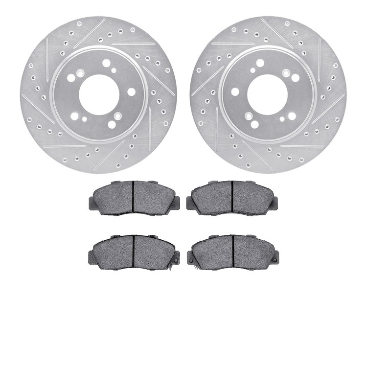 7502-58004 Drilled/Slotted Brake Rotors w/5000 Advanced Brake Pads Kit [Silver], 1991-1996 Acura/Honda, Position: Front