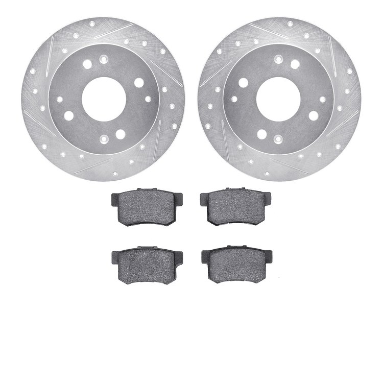 7502-58006 Drilled/Slotted Brake Rotors w/5000 Advanced Brake Pads Kit [Silver], 1992-1994 Acura/Honda, Position: Rear