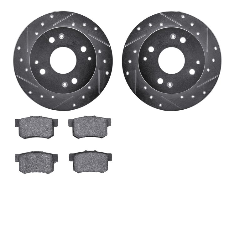 7502-58008 Drilled/Slotted Brake Rotors w/5000 Advanced Brake Pads Kit [Silver], 1995-1998 Acura/Honda, Position: Rear
