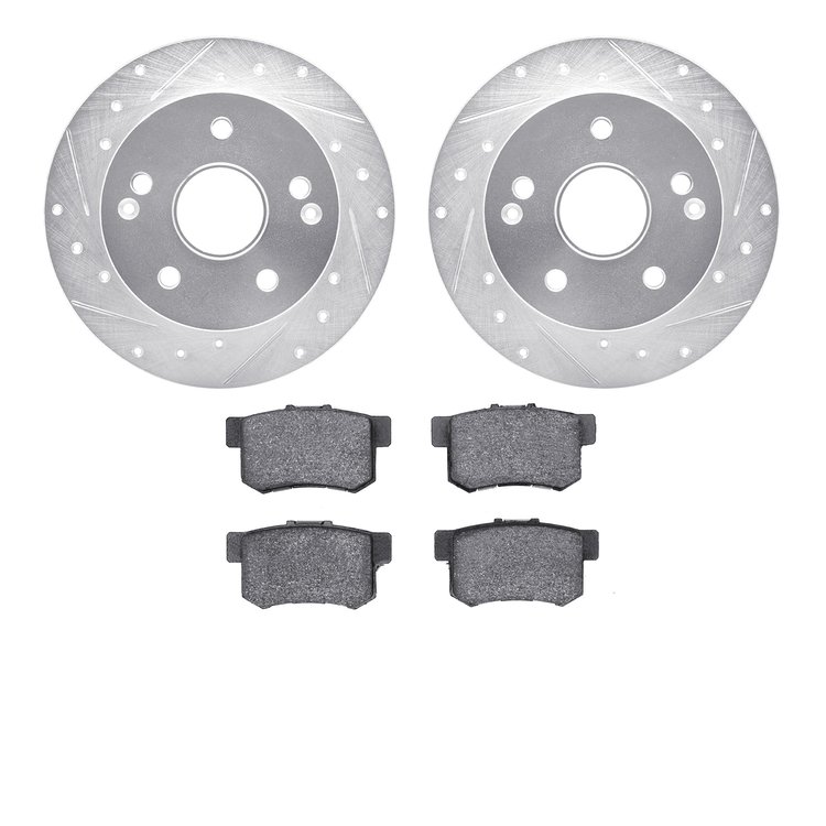 7502-58011 Drilled/Slotted Brake Rotors w/5000 Advanced Brake Pads Kit [Silver], 1996-1998 Acura/Honda, Position: Rear