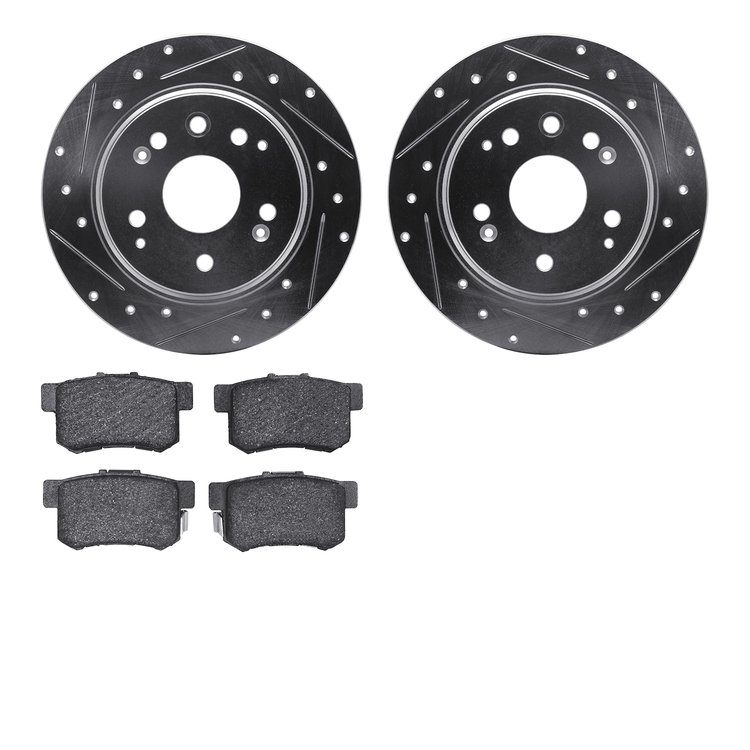 7502-58013 Drilled/Slotted Brake Rotors w/5000 Advanced Brake Pads Kit [Silver], 1999-2003 Acura/Honda, Position: Rear