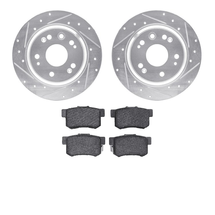 7502-58020 Drilled/Slotted Brake Rotors w/5000 Advanced Brake Pads Kit [Silver], 2002-2004 Acura/Honda, Position: Rear