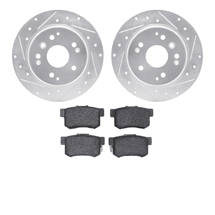 7502-58021 Drilled/Slotted Brake Rotors w/5000 Advanced Brake Pads Kit [Silver], 2004-2008 Acura/Honda, Position: Rear