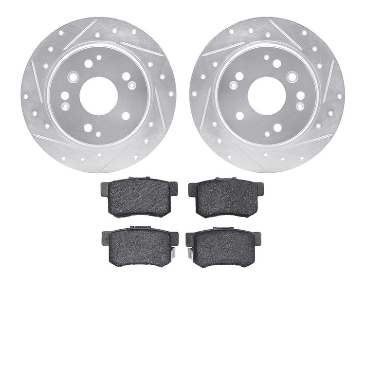 7502-58022 Drilled/Slotted Brake Rotors w/5000 Advanced Brake Pads Kit [Silver], 2003-2011 Acura/Honda, Position: Rear