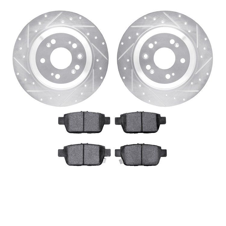7502-58027 Drilled/Slotted Brake Rotors w/5000 Advanced Brake Pads Kit [Silver], 2009-2014 Acura/Honda, Position: Rear