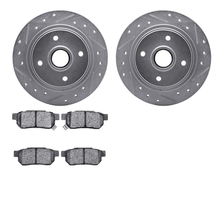 7502-59003 Drilled/Slotted Brake Rotors w/5000 Advanced Brake Pads Kit [Silver], 1985-1987 Acura/Honda, Position: Rear