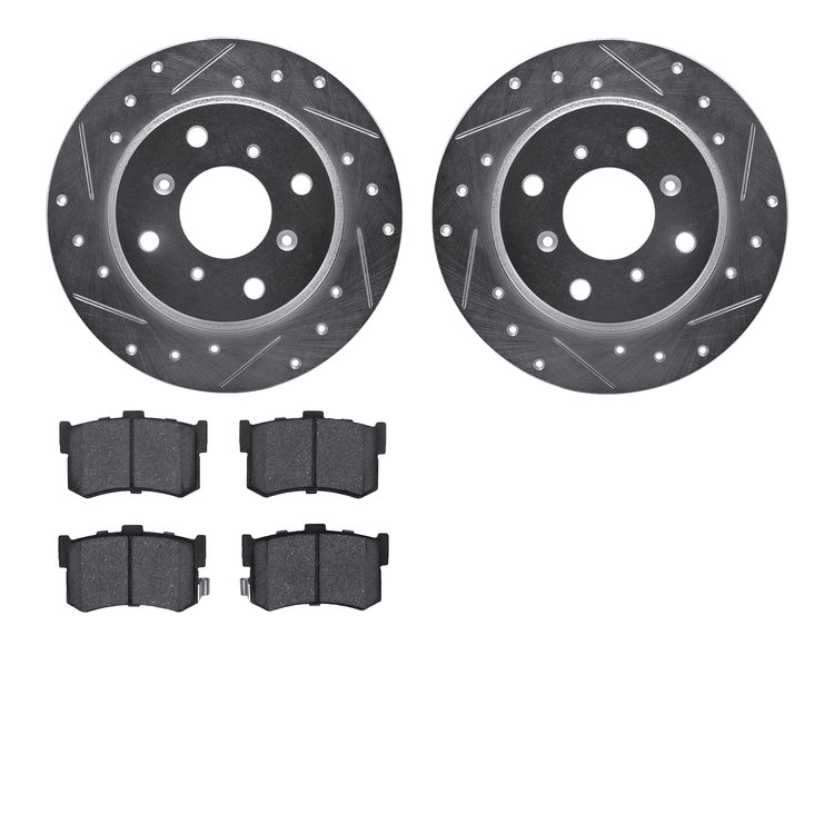 7502-59006 Drilled/Slotted Brake Rotors w/5000 Advanced Brake Pads Kit [Silver], 1986-1988 Acura/Honda, Position: Rear