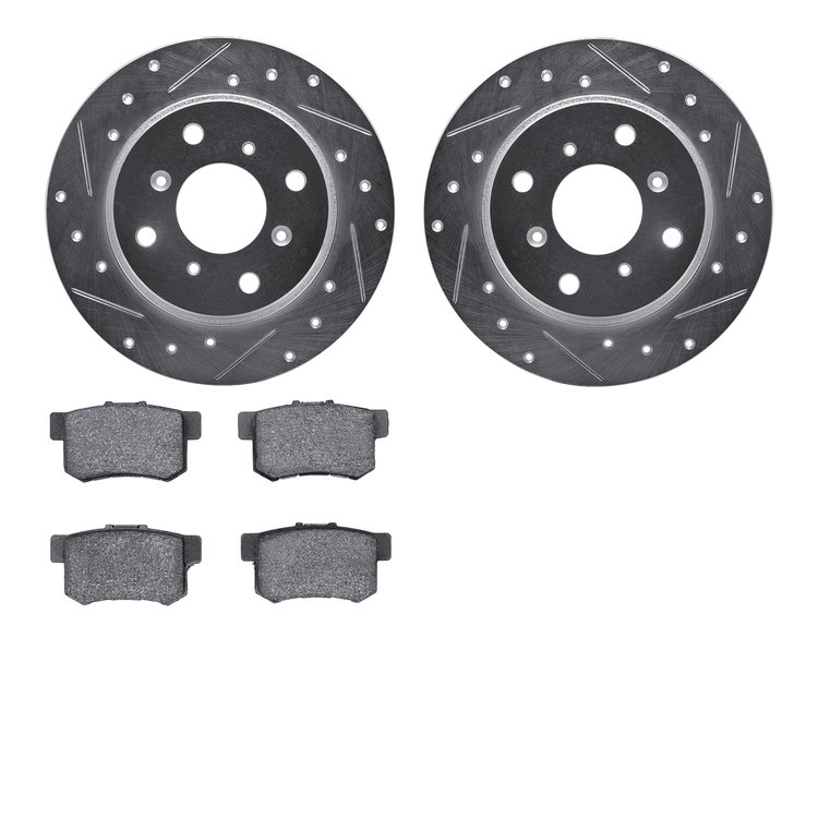 7502-59007 Drilled/Slotted Brake Rotors w/5000 Advanced Brake Pads Kit [Silver], 1992-1996 Acura/Honda, Position: Rear