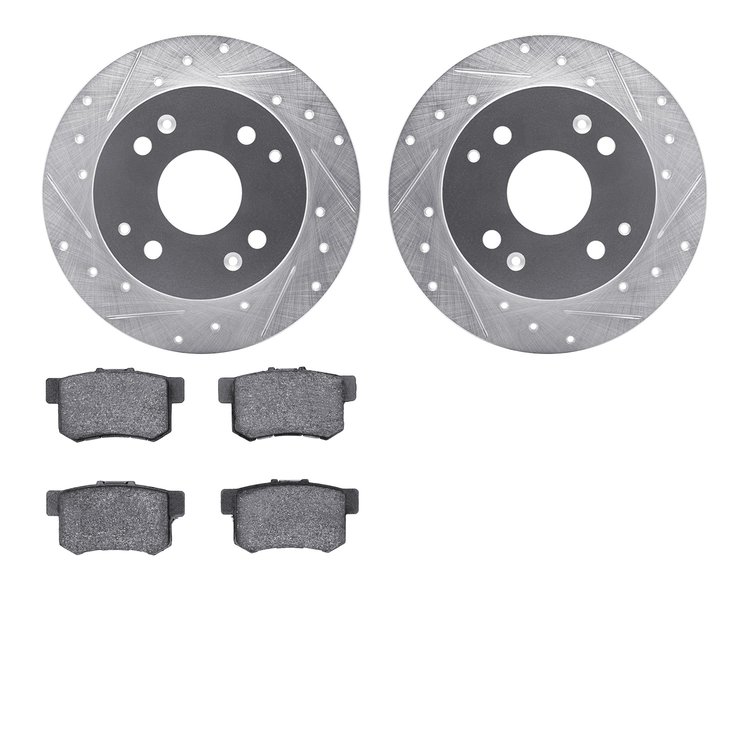 7502-59026 Drilled/Slotted Brake Rotors w/5000 Advanced Brake Pads Kit [Silver], 1998-2002 Acura/Honda, Position: Rear