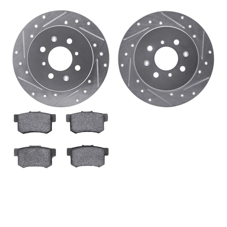 7502-59034 Drilled/Slotted Brake Rotors w/5000 Advanced Brake Pads Kit [Silver], 2001-2005 Acura/Honda, Position: Rear