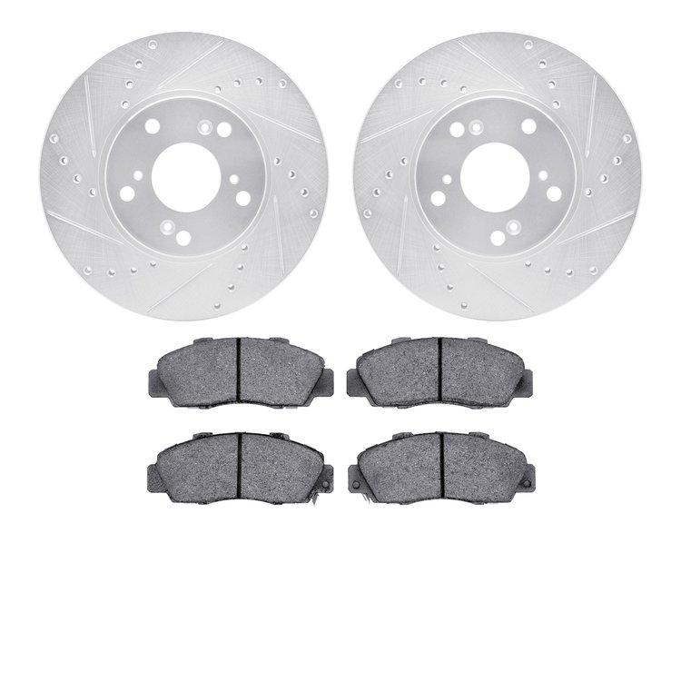 7502-59051 Drilled/Slotted Brake Rotors w/5000 Advanced Brake Pads Kit [Silver], 1998-2002 Acura/Honda, Position: Front