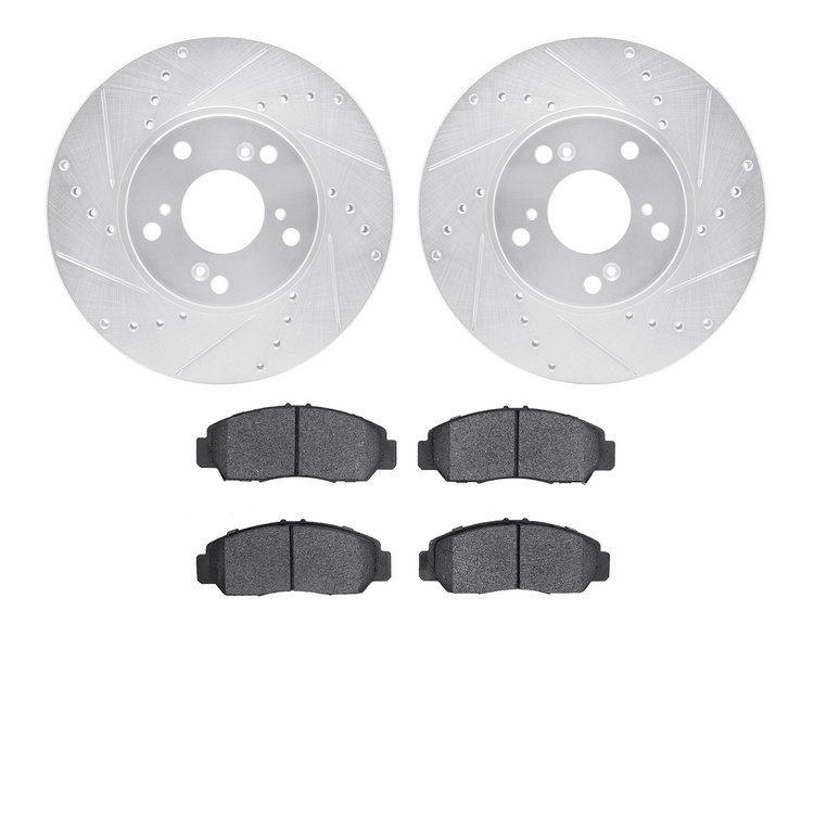 7502-59053 Drilled/Slotted Brake Rotors w/5000 Advanced Brake Pads Kit [Silver], 2003-2021 Acura/Honda, Position: Front