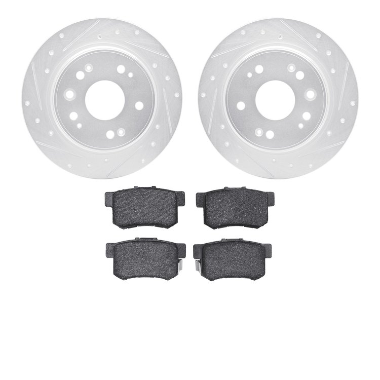 7502-59061 Drilled/Slotted Brake Rotors w/5000 Advanced Brake Pads Kit [Silver], 2002-2004 Acura/Honda, Position: Rear