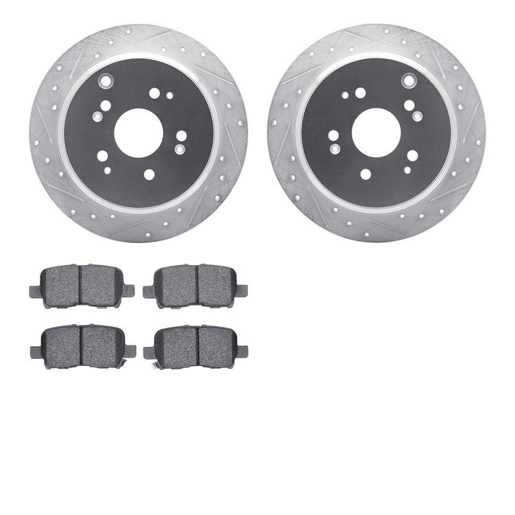 7502-59063 Drilled/Slotted Brake Rotors w/5000 Advanced Brake Pads Kit [Silver], 2002-2004 Acura/Honda, Position: Rear