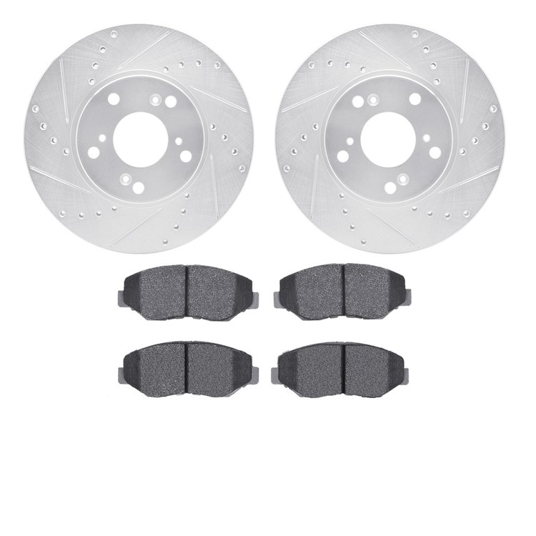 7502-59065 Drilled/Slotted Brake Rotors w/5000 Advanced Brake Pads Kit [Silver], 2002-2015 Acura/Honda, Position: Front