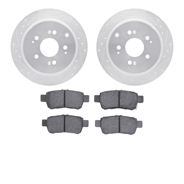 7502-59071 Drilled/Slotted Brake Rotors w/5000 Advanced Brake Pads Kit [Silver], 2005-2010 Acura/Honda, Position: Rear