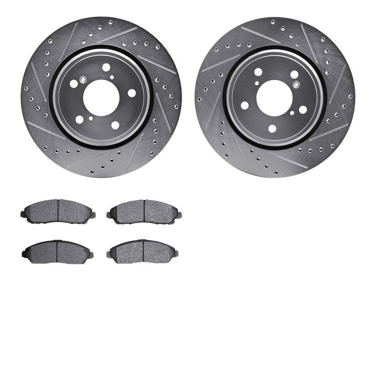7502-59084 Drilled/Slotted Brake Rotors w/5000 Advanced Brake Pads Kit [Silver], Fits Select Acura/Honda, Position: Front