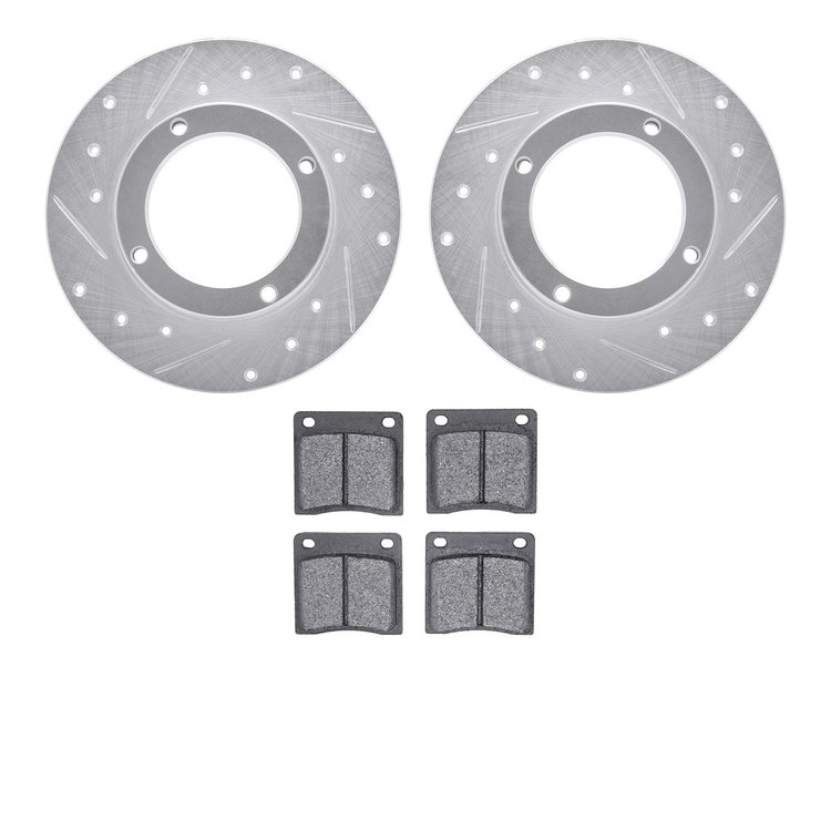 7502-59093 Drilled/Slotted Brake Rotors w/5000 Advanced Brake Pads Kit [Silver], 1973-1974 Acura/Honda, Position: Front