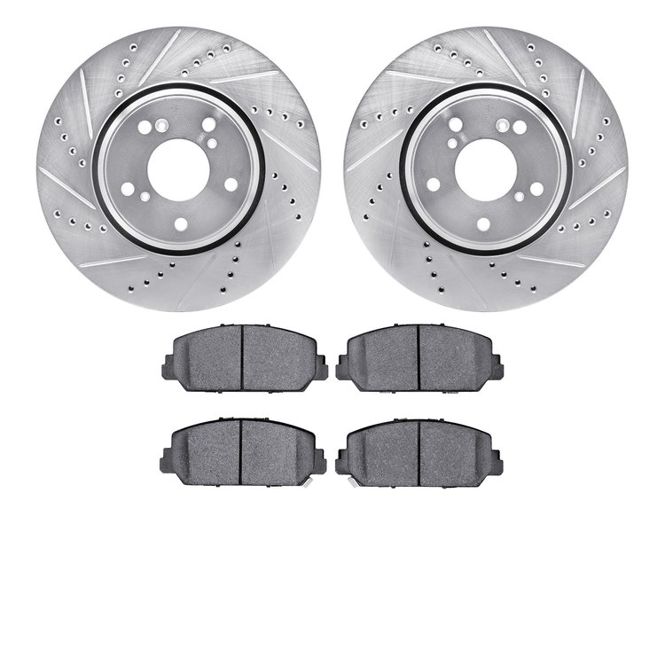 7502-59098 Drilled/Slotted Brake Rotors w/5000 Advanced Brake Pads Kit [Silver], Fits Select Acura/Honda, Position: Front