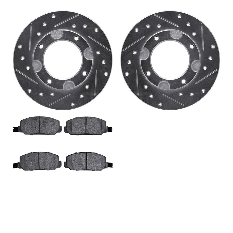 7502-59102 Drilled/Slotted Brake Rotors w/5000 Advanced Brake Pads Kit [Silver], 1976-1981 Acura/Honda, Position: Front